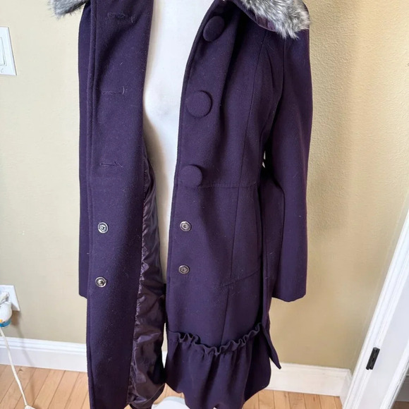 BANANA USA Fur Collar Purple Lined Coat Jacket w Ruffle Tie Belt Size Large - Picture 13 of 16